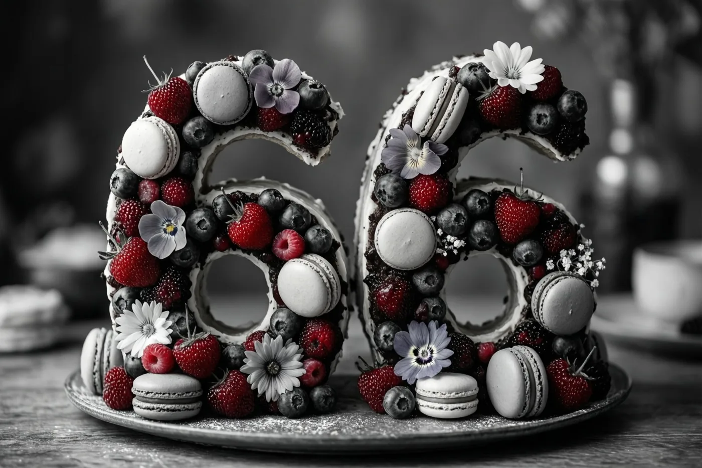 Twee grote taartcijfers vormen 66 en zijn rijk versierd met aardbeien, blauwe bessen, frambozen, macarons en eetbare bloemen op een landelijke houten tafel met een onscherpe achtergrond.
