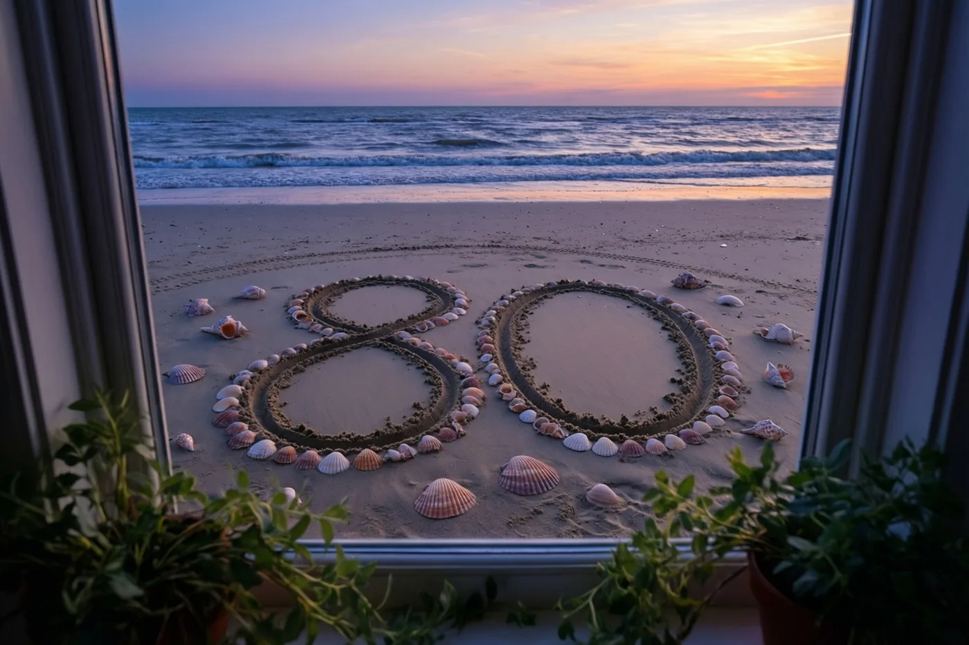 Door een raam met potplanten op de vensterbank is 80 in het strandzand tussen schelpen te zien, met een rustige zee bij een oranje-paarse zonsondergang.