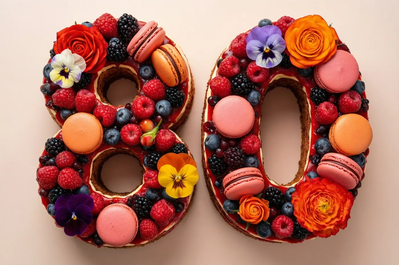 Van bovenaf is een taart in de vorm van 80 te zien met frambozen, bramen, blauwe bessen, macarons en eetbare bloemen tegen een effen beige achtergrond.