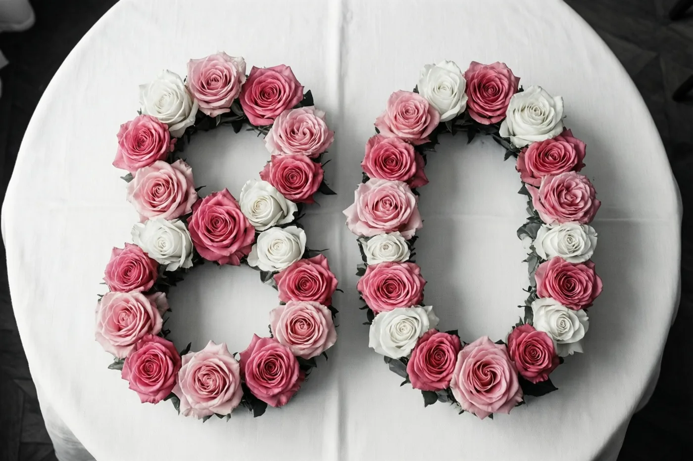 Van recht bovenaf zijn roze en witte rozen te zien die 80 vormen op een wit tafelkleed.