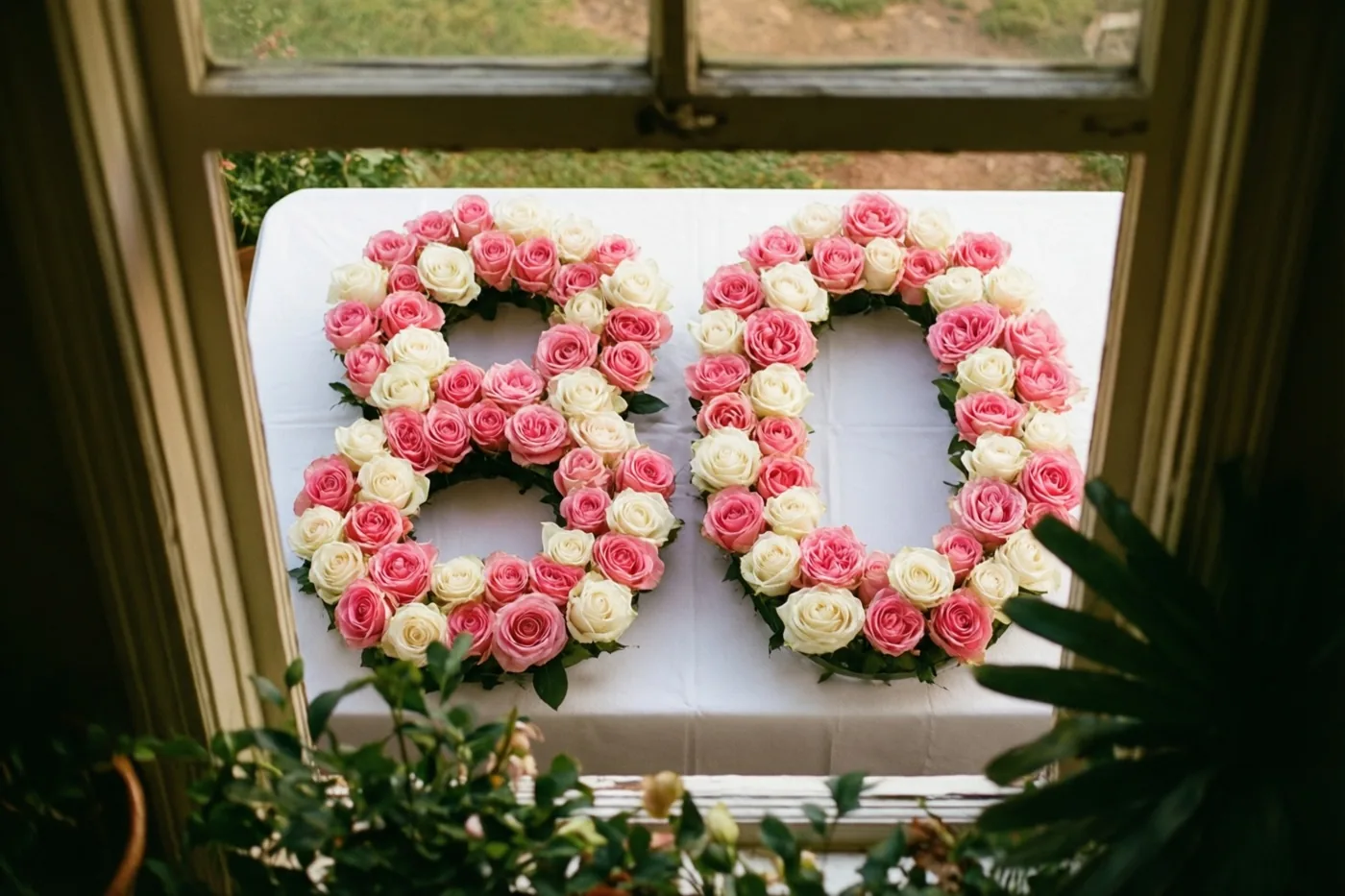 Door een raamkozijn zijn van bovenaf roze en witte rozen in de vorm van 80 op een wit tafelkleed te zien, met daglicht en groen buiten en vooraan.