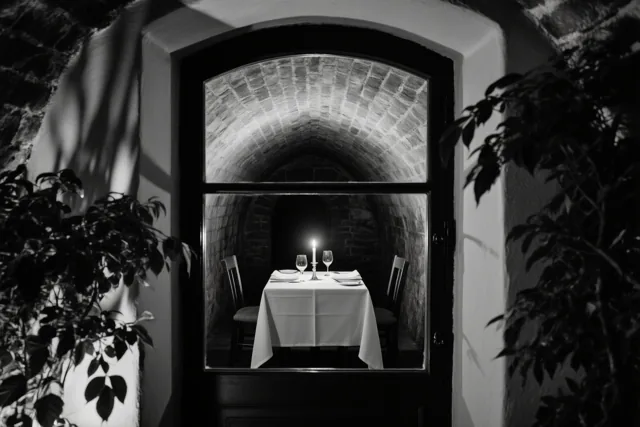 Een zwart-witfoto toont door een boogvormige deuropening een tafel voor twee onder een stenen gewelf, verlicht door één kaars.