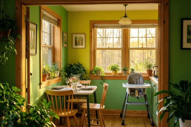 In een zonnige keukenhoek met groene en gele muren staat een houten tafel gedekt voor drie naast een grijze kinderstoel, met veel potplanten op en rond de vensterbanken.