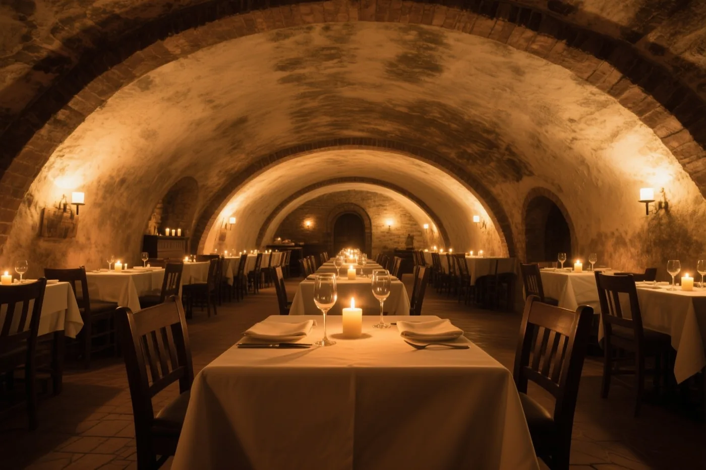 Een tafel voor twee staat bij kaarslicht in een kelderrestaurant met bakstenen gewelven en stenen muren, verlicht door kaarsen en wandlampen.