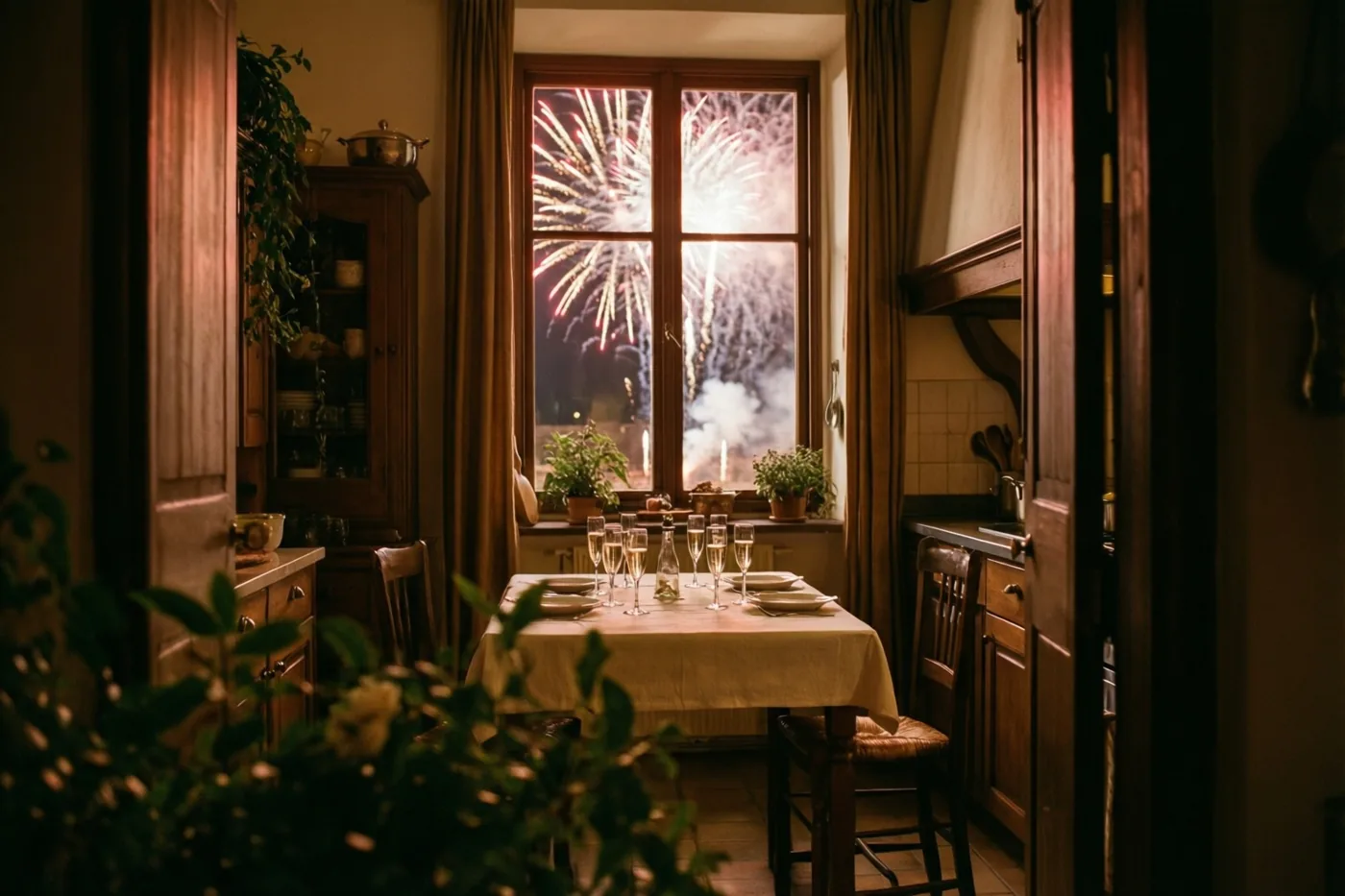 In een warm verlichte Vlaamse keuken staat een houten tafel gedekt voor twee met champagneglazen, met vuurwerk zichtbaar door het raam en bruine, crèmekleurige en groene tinten in het interieur.