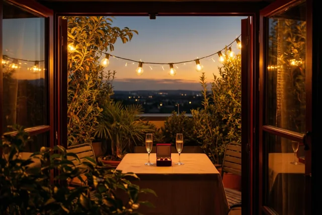 Op een dakterras staat bij schemering een tafel voor twee met twee champagneglazen en een open rood ringdoosje, verlicht door lichtslingers in gouden en oranje avondtinten.