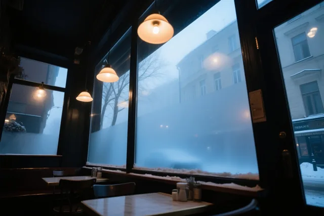 In een café staan tafels onder warme hanglampen, met grote beslagen ramen die uitkijken op een besneeuwde straat in blauwe en witte tinten.