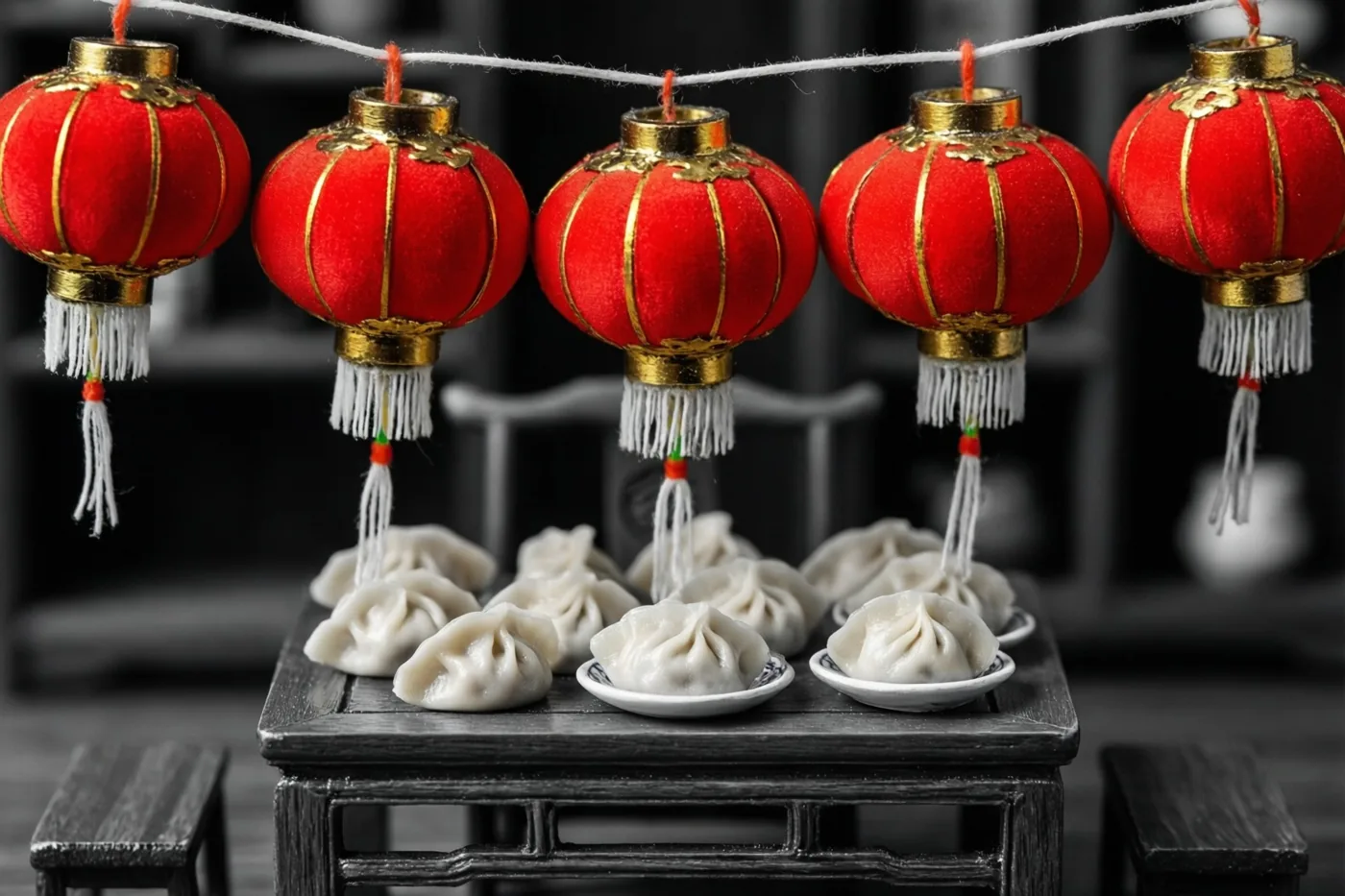 Een rij kleine rode lantaarns hangt boven een tafel op poppenformaat met kleine dumplings en houten stoelen, tegen een donkere, wazige achtergrond.