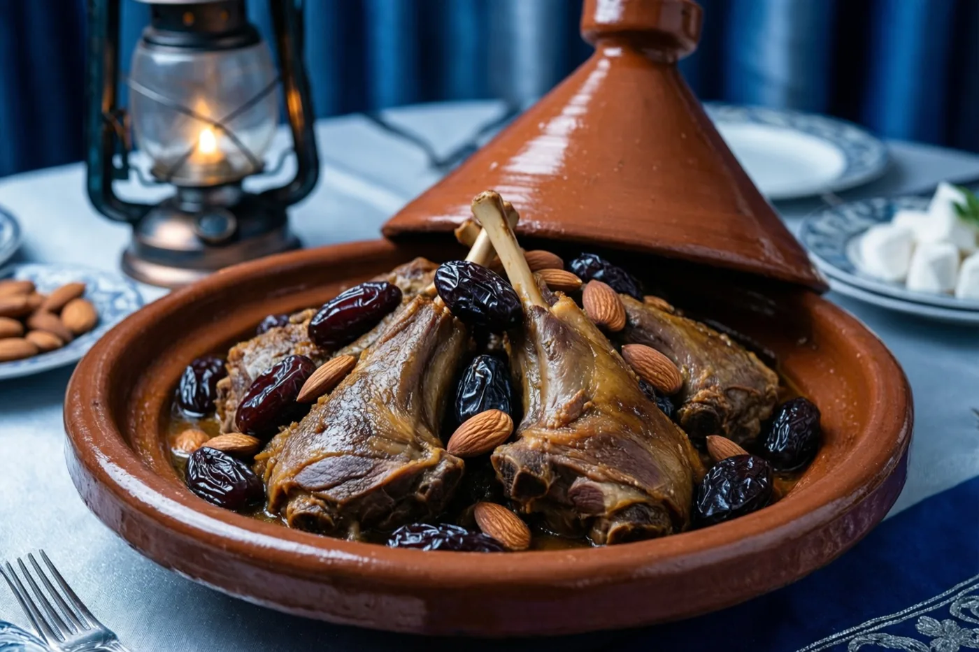Een aardewerken tajine met langzaam gegaard lamsvlees, pruimen en amandelen staat op een feesttafel bij een brandende lantaarn, met blauwe gordijnen en borden met patronen op de achtergrond.