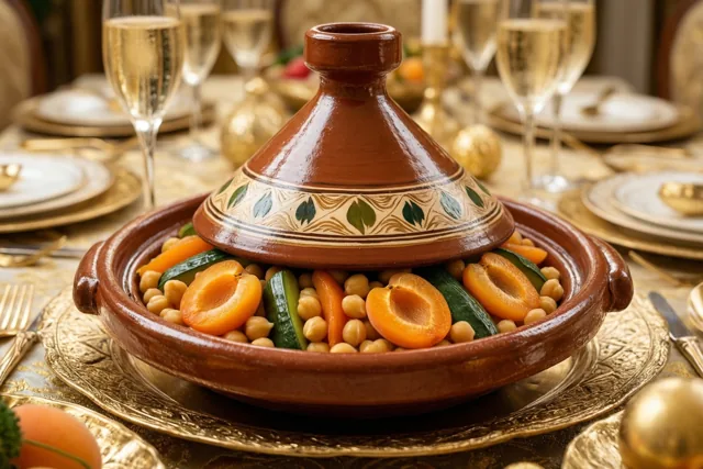 Een aardewerken tajine met groenten, abrikozen en kikkererwten staat op een rijk gedekte gouden tafel met champagneglazen en sierlijk gouden bestek.