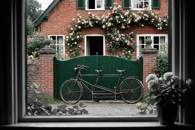 Door een raam is een oude tandem te zien voor een groene poort bij een rode bakstenen hoeve, met roze klimrozen tegen de muur.