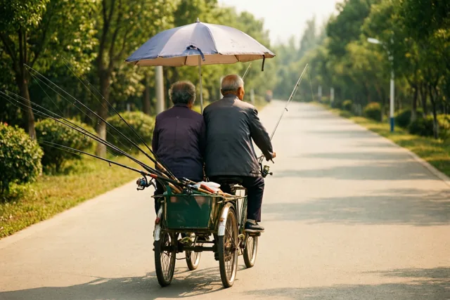 Een ouder koppel rijdt op een tandem over een verhard pad met bomen, met hengels achterop en een grote parasol boven zich in warm zonlicht.