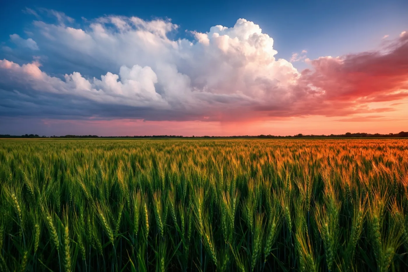 Een uitgestrekt veld jonge groene tarwe ligt onder grote witte wolken en een diepblauwe hemel met oranje en roze tinten van de ondergaande zon.