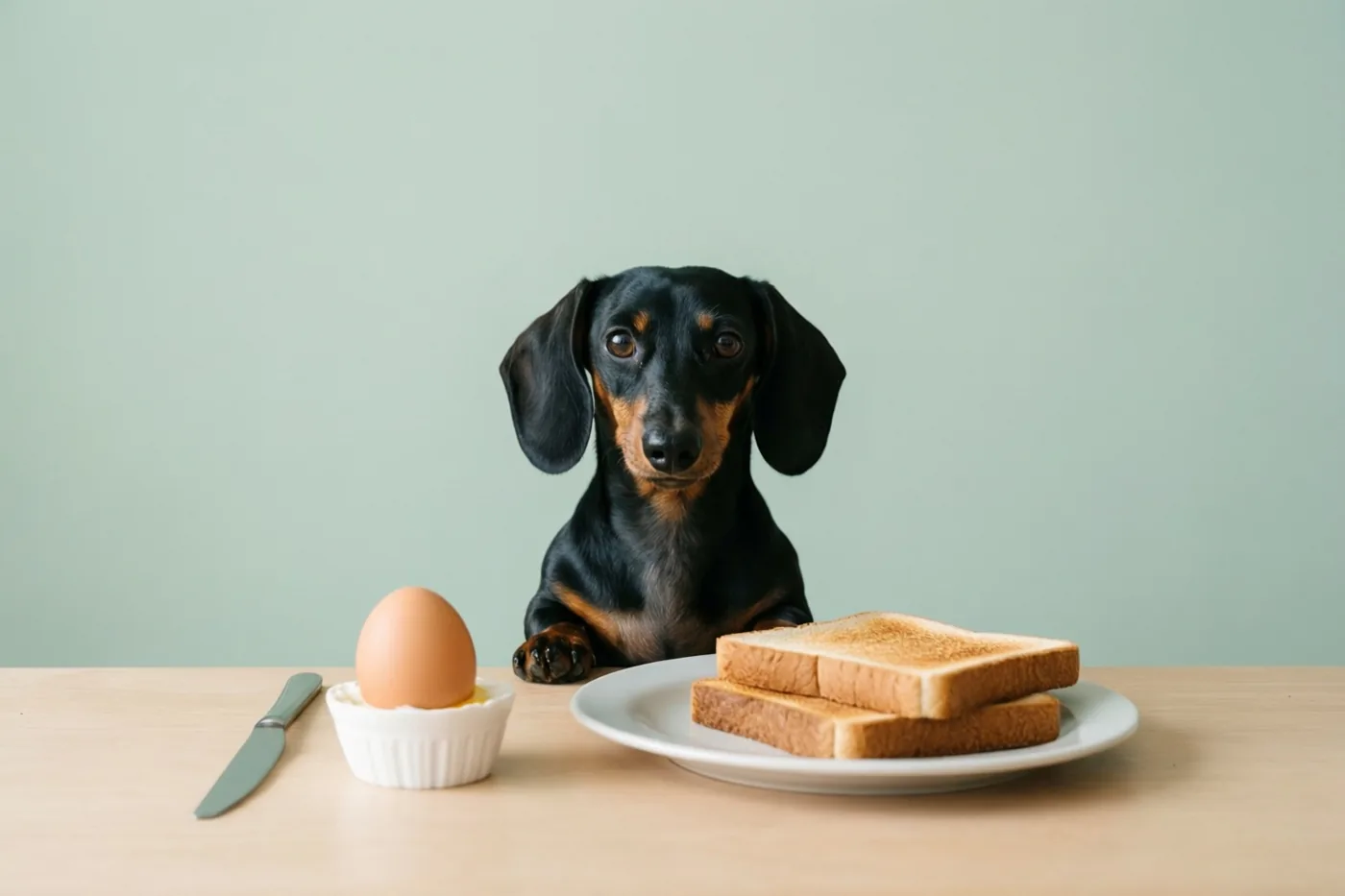 Een zwartbruine teckel zit aan een houten tafel naast een gekookt ei in een wit schaaltje en twee sneetjes toast op een bord, tegen een effen lichtgroene muur.