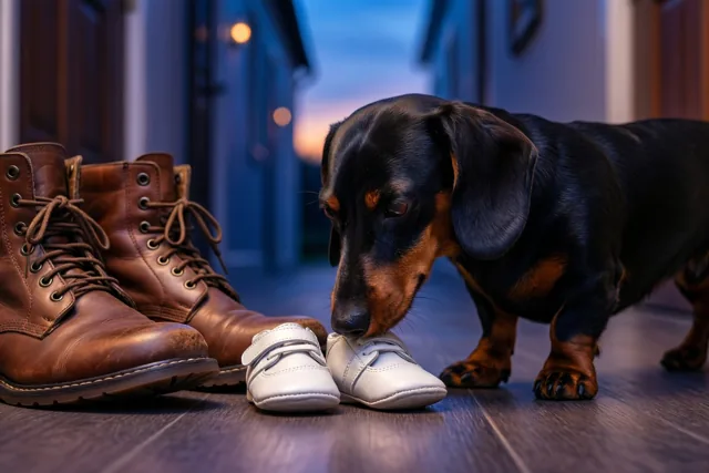 Teckel ontdekt kleine schoentjes