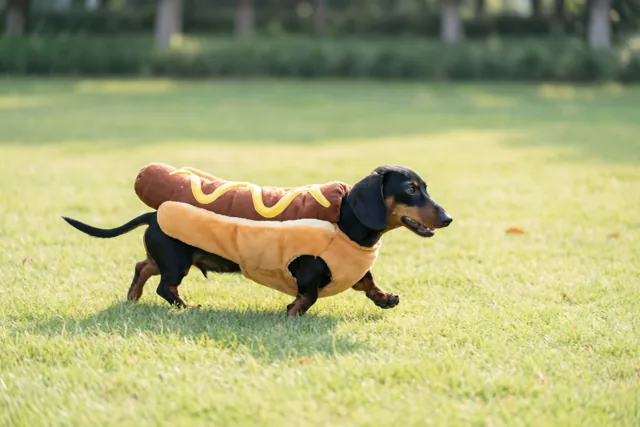 Een zwartbruine teckel in een kostuum in de vorm van een hotdogbroodje draaft over een zonnig groen gazon.