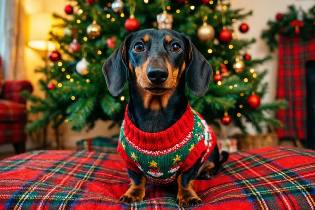 Teckel in zijn kersttrui