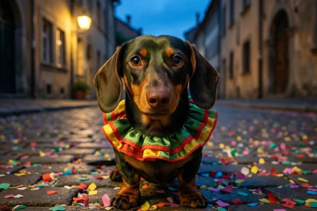 Een teckel met een kleurrijke rucheskraag staat op kasseien vol confetti, met op de achtergrond gebouwen in warm straatlicht tijdens de schemering.