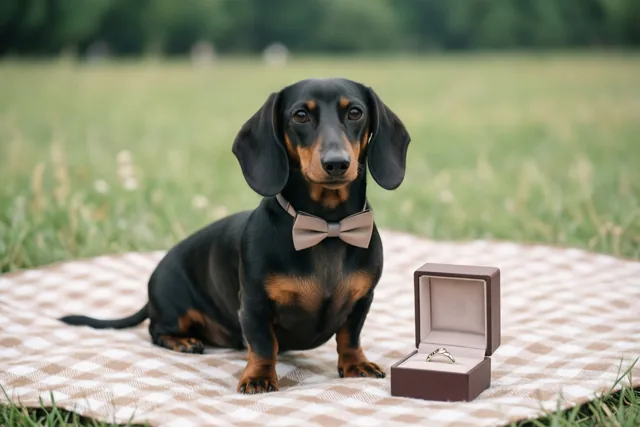 Een zwart-bruine teckel met een beige strikje zit op een geruit picknickdeken naast een open ringdoosje in een grasveld met een onscherpe achtergrond.