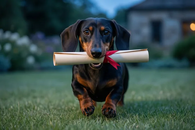 Een zwartbruine teckel draaft in de schemering over een gazon met een diploma met rood lint in zijn bek, met een huis en tuingroen op de wazige achtergrond.