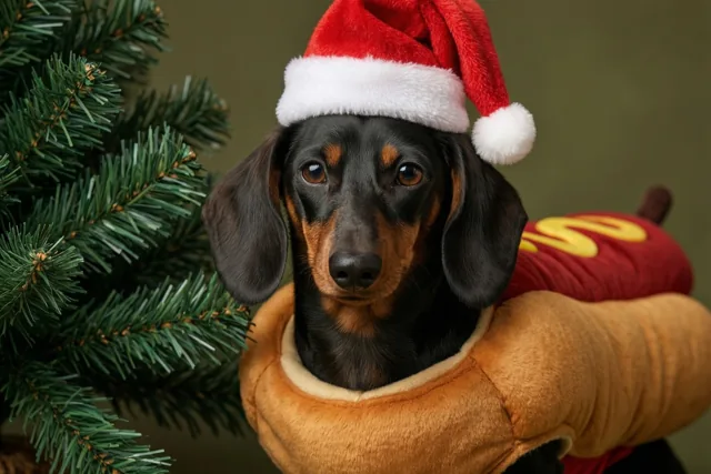 Een teckel met een kerstmuts en een hotdogpak bevindt zich naast een groene kerstboom.
