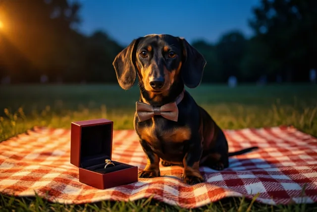 Een teckel met een strikje zit naast een open ringdoosje op een rood-wit geruit picknickdeken, buiten bij schemering met warm licht en een blauwe hemel.