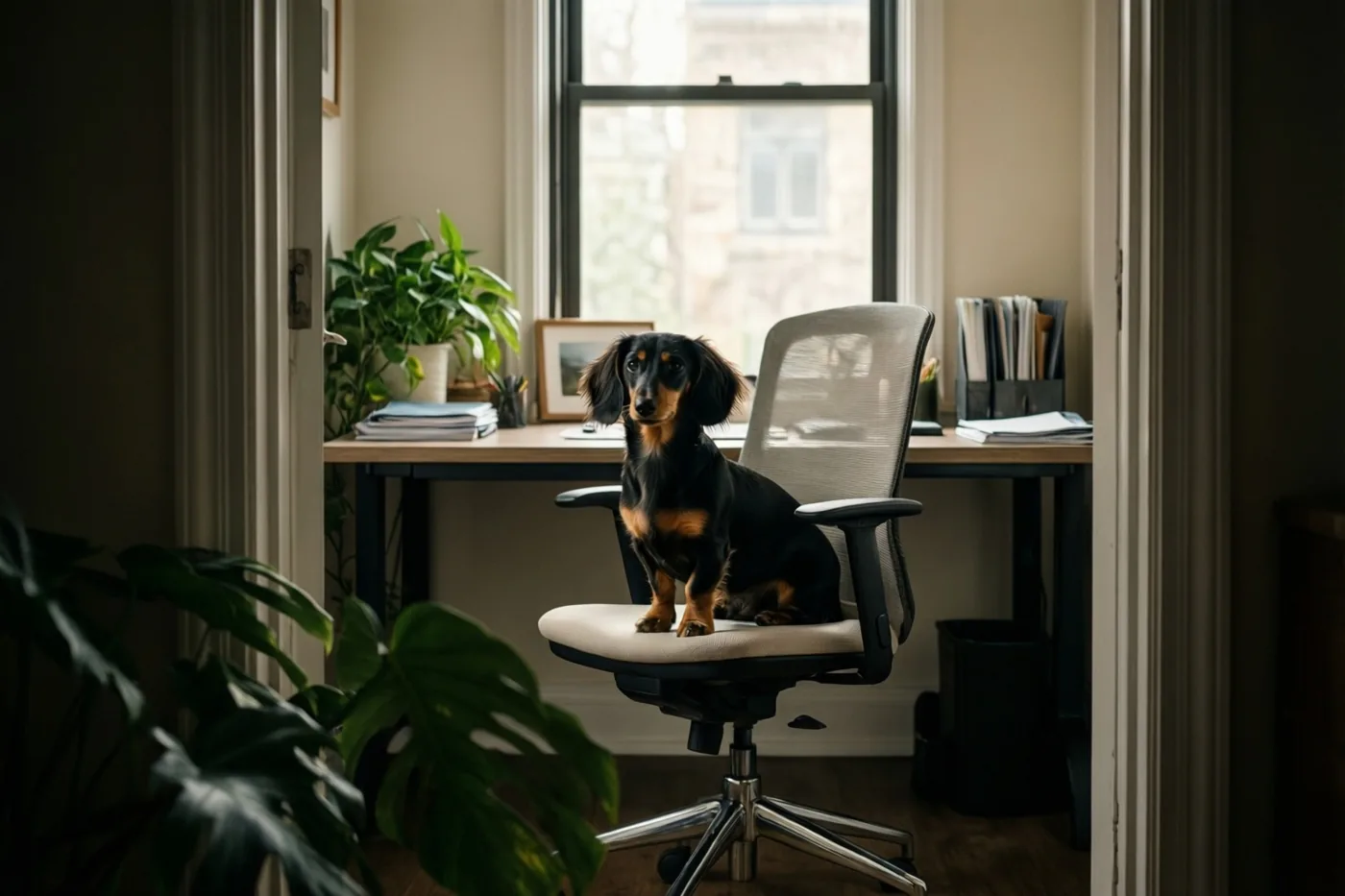 Een zwartbruine teckel zit rechtop op een moderne bureaustoel aan een houten bureau, met daglicht door het raam en groene kamerplanten.