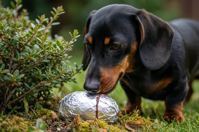 Een zwartbruine teckel duwt zijn neus tegen een chocolade-ei in folie op een stukje mos en gras naast een groene struik.