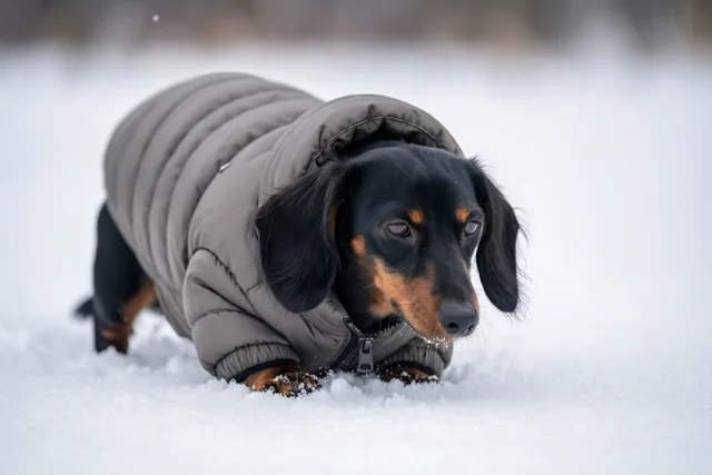 Een teckel in een gewatteerde winterjas sleept zijn buik door diepe sneeuw tegen een zachte wazige achtergrond.