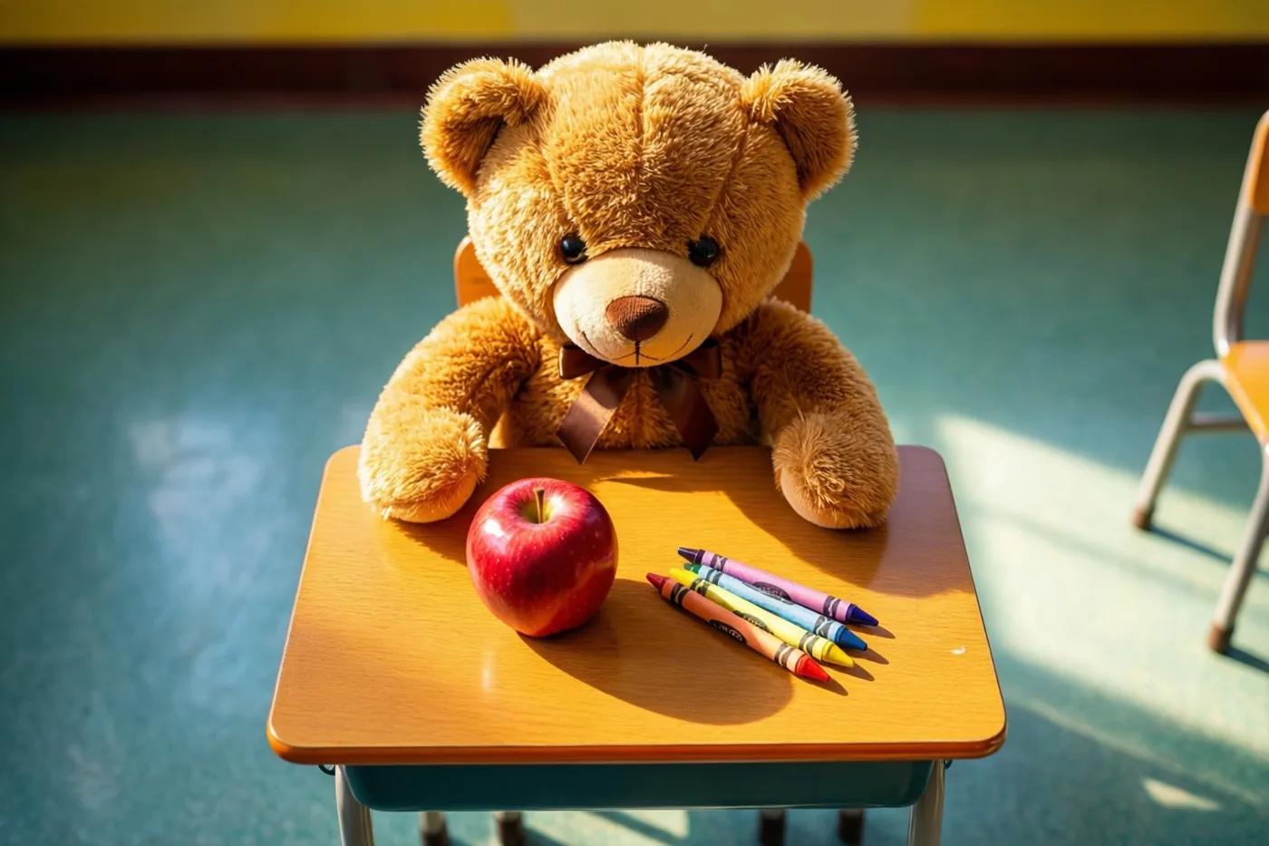 Een bruine teddybeer zit aan een kleine houten schoolbank met een rode appel en kleurkrijtjes, in een klas met een groene vloer en warm zonlicht dat schaduwen werpt.