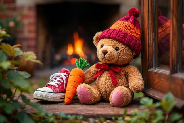 Een teddybeer met een gebreide muts zit naast een rode schoen en een wortel op een houten ondergrond bij een haard.
