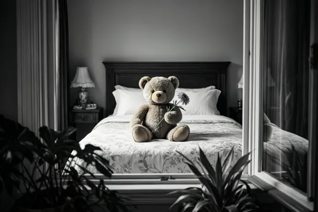 Een teddybeer met één bloem zit op een opgemaakt bed, gezien door een open raam met kamerplanten vooraan en een lamp op een nachtkastje.
