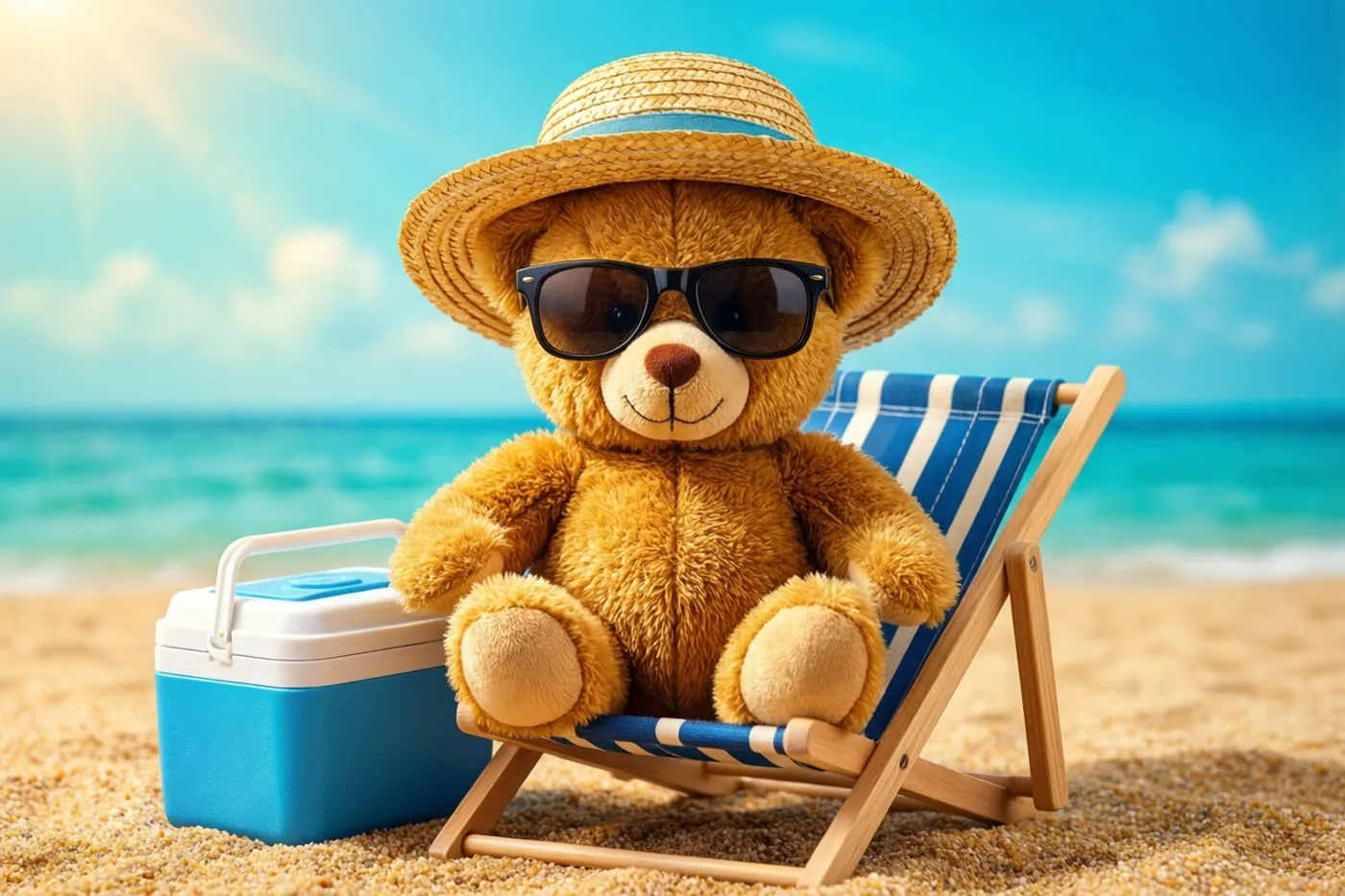 Een teddybeer met zonnebril en strohoed zit in een blauw-wit gestreepte strandstoel op het zand, met een helderblauwe lucht en turquoise zee op de achtergrond.