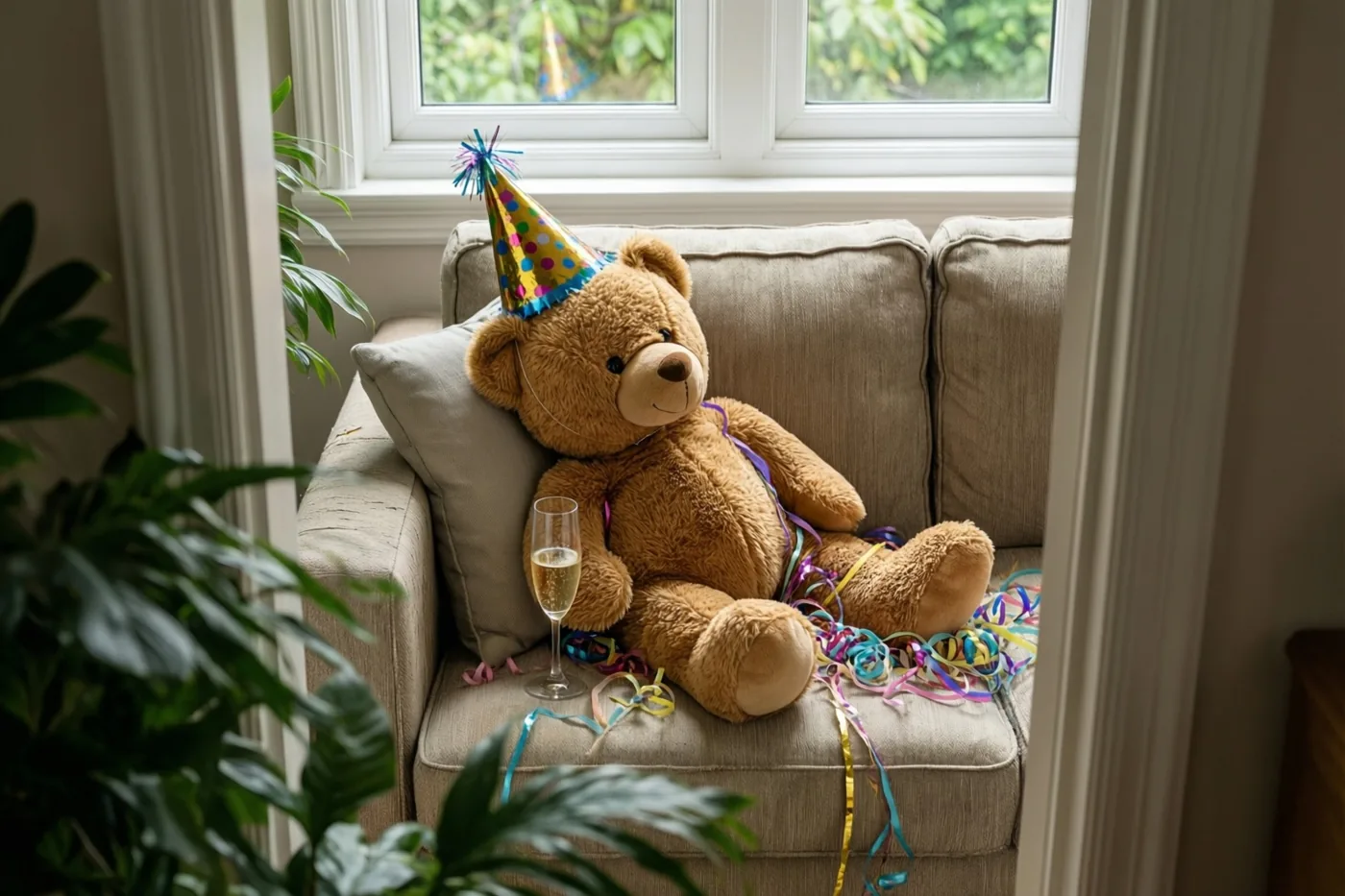 Een bruine teddybeer met een kleurrijk feesthoedje hangt onderuit op een beige zetel met een champagneglas, tussen slingers in een zonnige kamer met een raam en groene planten.