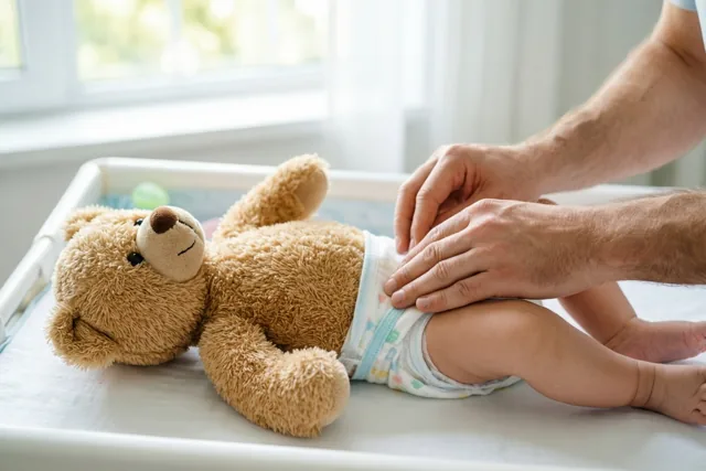 De handen van een vader maken een luier vast bij een teddybeer op een verzorgingstafel, van bovenaf gezien in zacht raamlicht met beige, witte en lichtblauwe tinten.