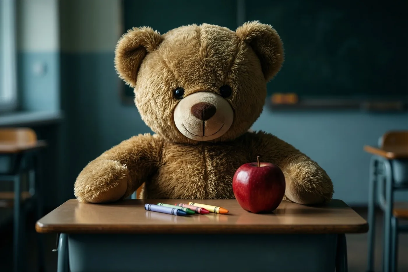 Een bruine teddybeer zit in een klaslokaal aan een houten schoolbank met een rode appel en enkele krijtjes, in zacht en warm licht.