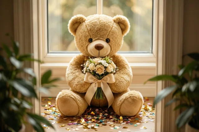Een knuffel met bloemen erbij