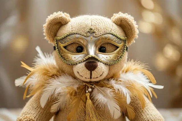 Een gebreide teddybeer draagt een sierlijk goud-zilverkleurig carnavalsmasker en een boa van witte en gouden veren tegen een achtergrond met wazige gouden lichtjes.