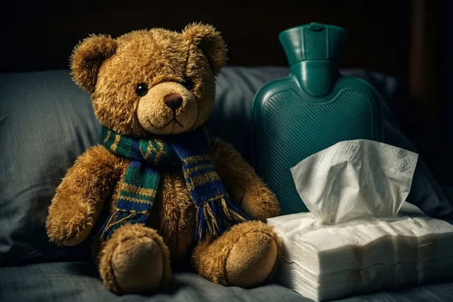 Een bruine teddybeer met een blauw-groene sjaal zit op een bed naast een groene warmwaterkruik en een doos zakdoekjes in een schaars verlichte kamer.