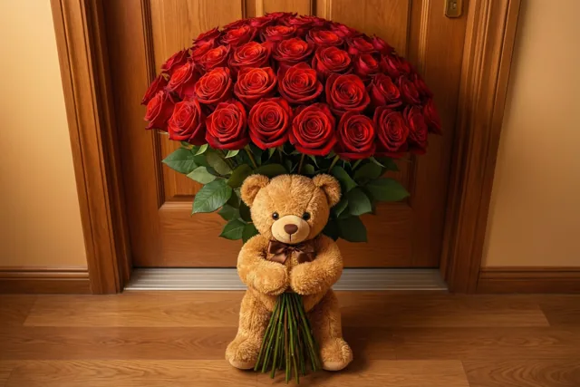 Een kleine bruine teddybeer zit op een houten vloer voor een houten deur met een heel groot boeket rode rozen in warm licht.