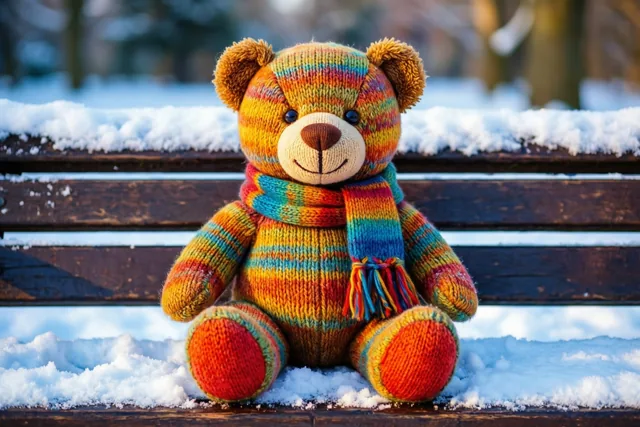 Een gebreide teddybeer met een kleurrijke wollen sjaal zit op een besneeuwde houten bank tegen een zachte sneeuwachtergrond.