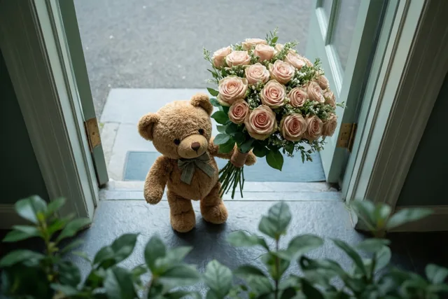 Een kleine bruine teddybeer staat met een groot boeket perzikkleurige rozen op een stenen drempel, in een open deuropening met groene muren en bladeren op de voorgrond.