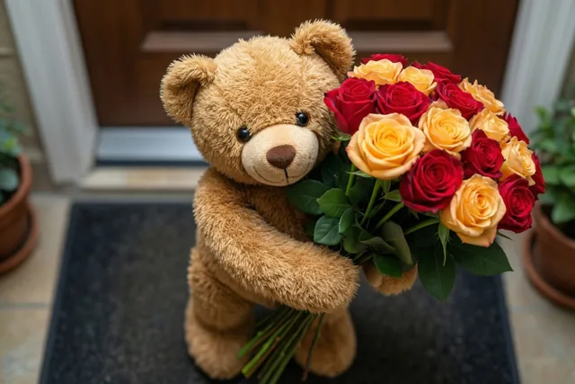 Een kleine bruine teddybeer staat op een donkere deurmat met een groot boeket rode en gele rozen, voor een houten deur met potplanten aan weerszijden.