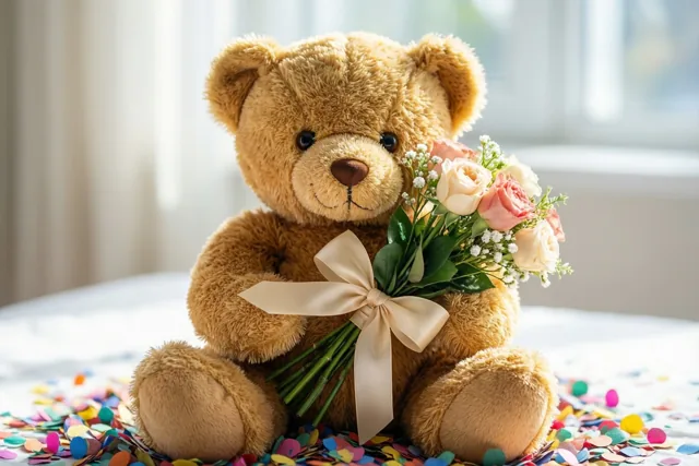 Een pluizige bruine teddybeer houdt een boeketje rozen en gipskruid met een crèmekleurig lint vast, omringd door kleurrijke confetti voor een onscherp raam.