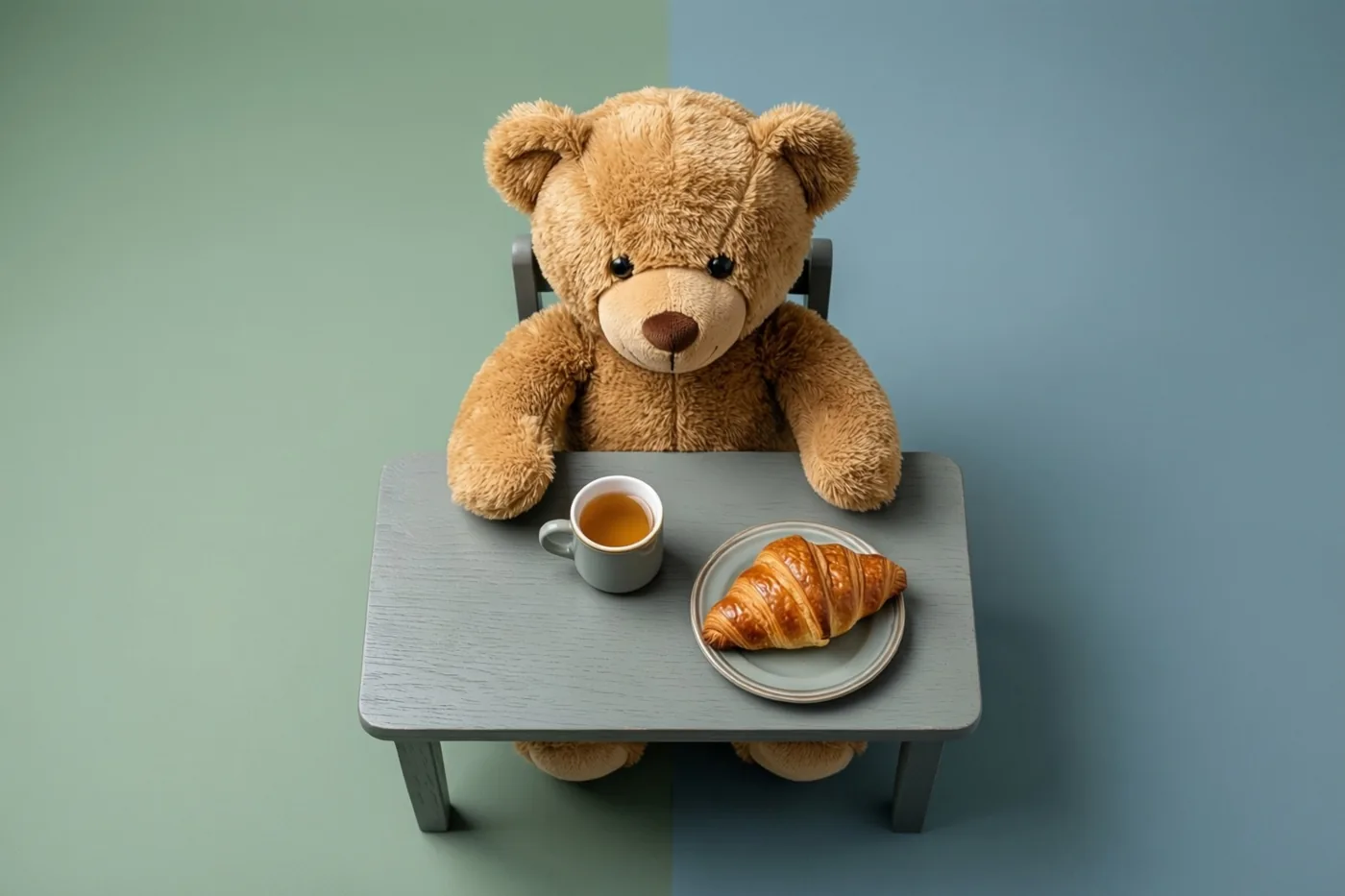 Een bruine teddybeer zit aan een klein grijs tafeltje met een kopje thee en een croissant op een bord, tegen een groen-blauwe achtergrond.