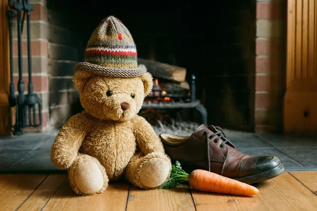 Een teddybeer met een gebreide muts zit op een houten vloer naast een bruine schoen en een wortel, met een haard op de achtergrond.