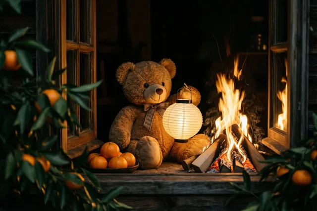 Een teddybeer zit bij een brandende haard met een gloeiende papieren lantaarn in zijn poten en een kom mandarijnen ernaast.