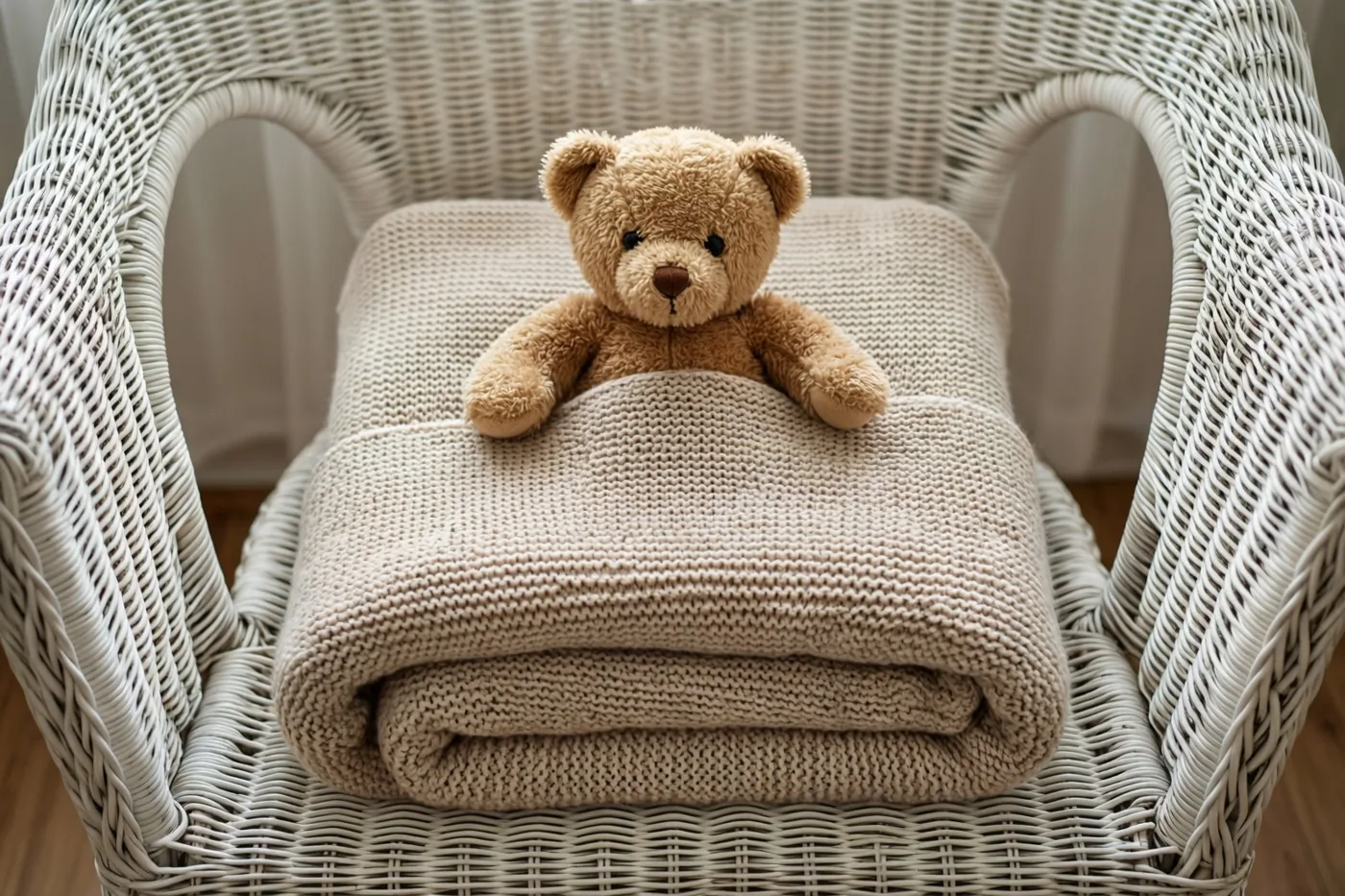 Een kleine bruine teddybeer zit op een opgevouwen beige gebreide babydeken op een witte rieten stoel in zacht licht.