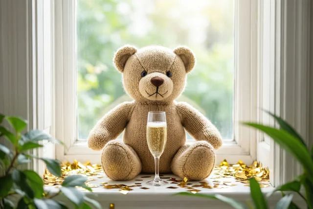 Een gebreide teddybeer zit op een vensterbank met een miniatuurchampagneglas tussen gouden confetti, met groen gebladerte op de voorgrond en achtergrond in zacht daglicht.