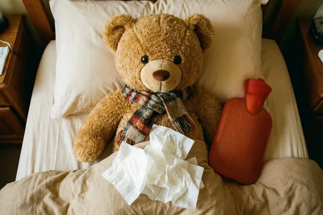 Een bruine teddybeer met een sjaal met motief ligt in beige beddengoed tussen gebruikte zakdoekjes en een rode warmwaterkruik, in een slaapkamer met houten meubels.